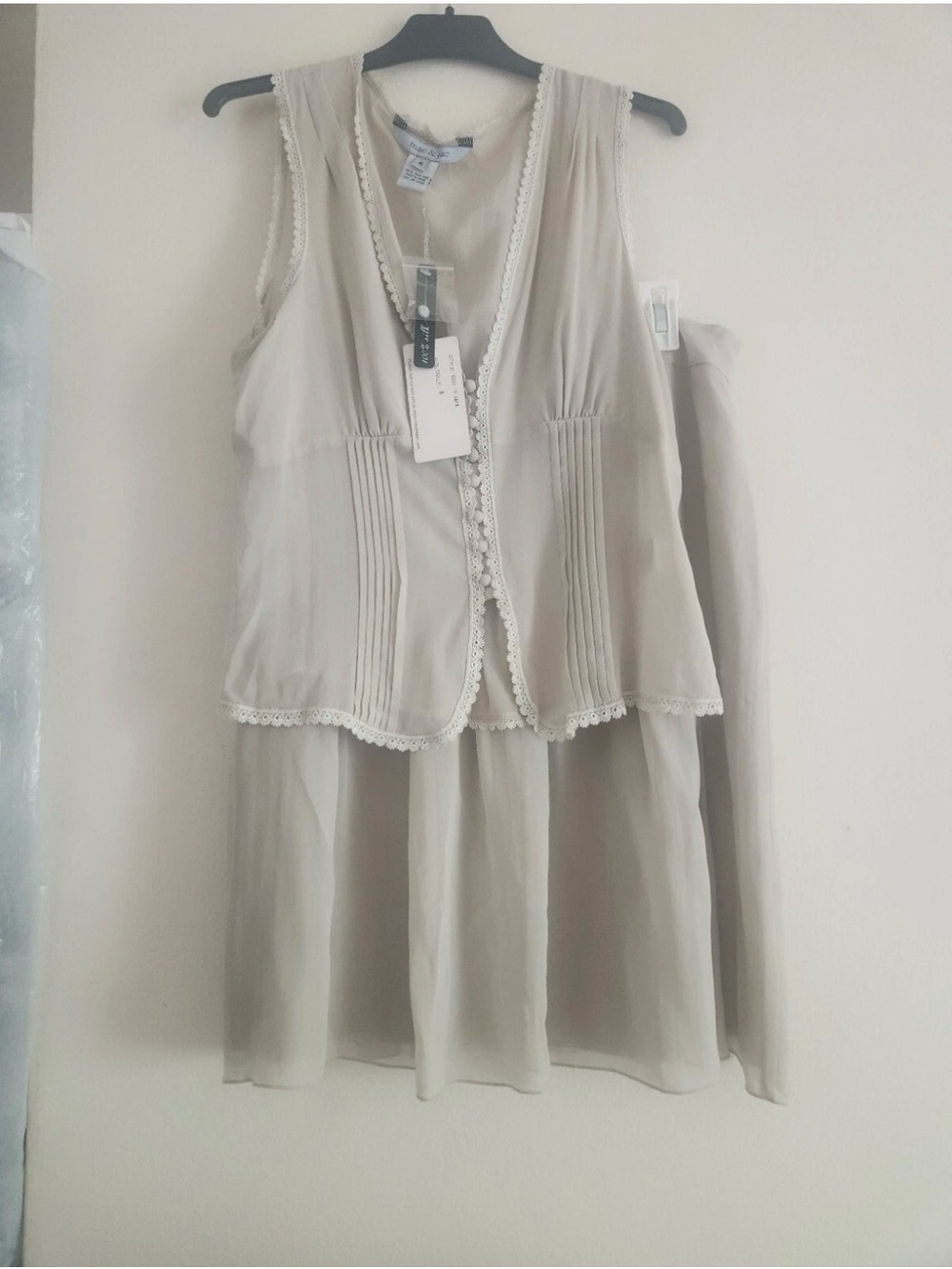 100% Silk Light Beige Sleeveless Lace-Trim Set